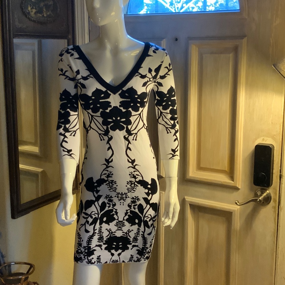 Bebe Elegant Black and White Long Sleeve Dress